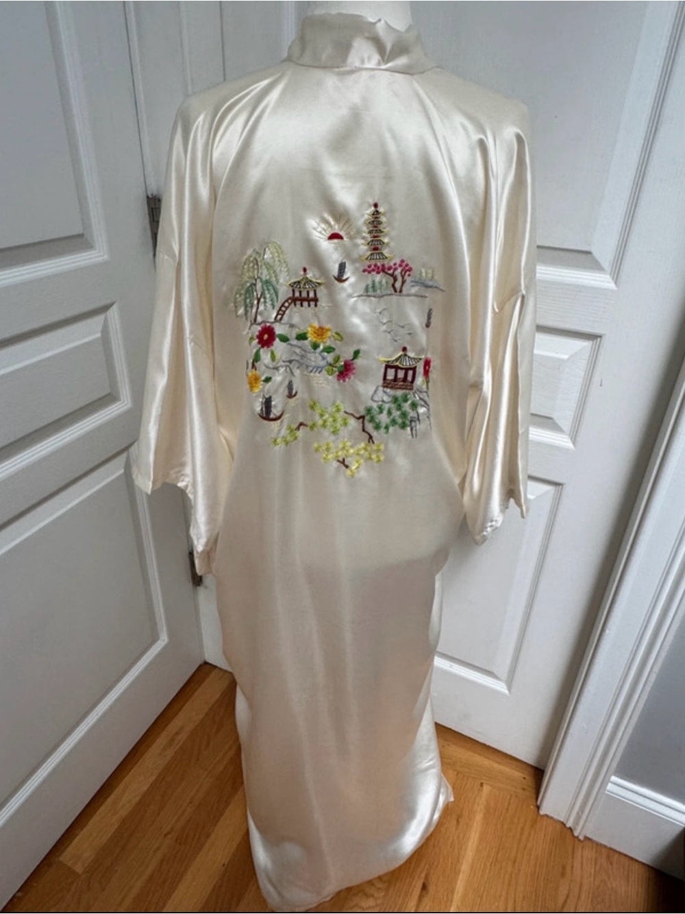 Ivory Satin Embroidered Kimono Robe